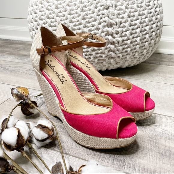 Splendid Canvas Peep Toe Ankle Strap Espadrille Wedges Red Tan Size 10M - Picture 2 of 9